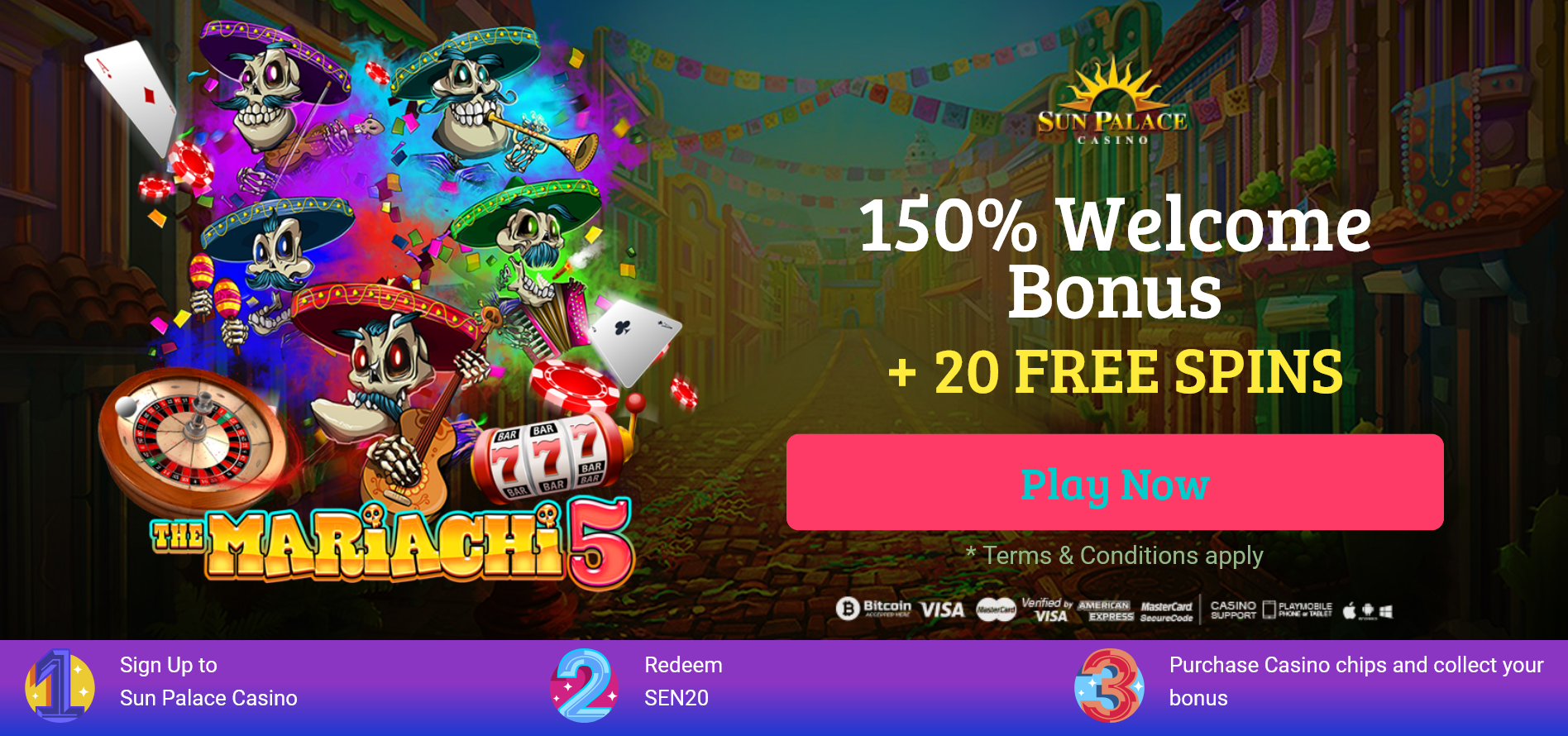 150% Welcome
Bonus + 20 FREE SPINS 150% Welcome Bonus + 20
FREE SPINS